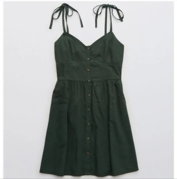 Aerie Linen Corset Linen Blend Beachy Straps Buttons Sycamore Green Mini Dress - Picture 1 of 12